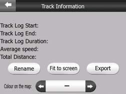 track log (Colour on the map selector), o have it displayed on the map (Fit to screen button), or o export the data to the SD card in GPX format (Export button).
