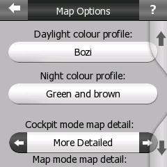 display. Due to the square display the content remains the same. 5.2 Map settings You can set a few parameters determining the appearance of the maps in igo. 5.2.1 Daylight / Night colour profile igo comes with different colour schemes for both daylight and night use.