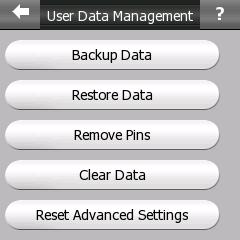 SD card. Tap this button to copy all user data to the SD card. The backup is always created with the same file name; so backing up data will always overwrite previous backups.