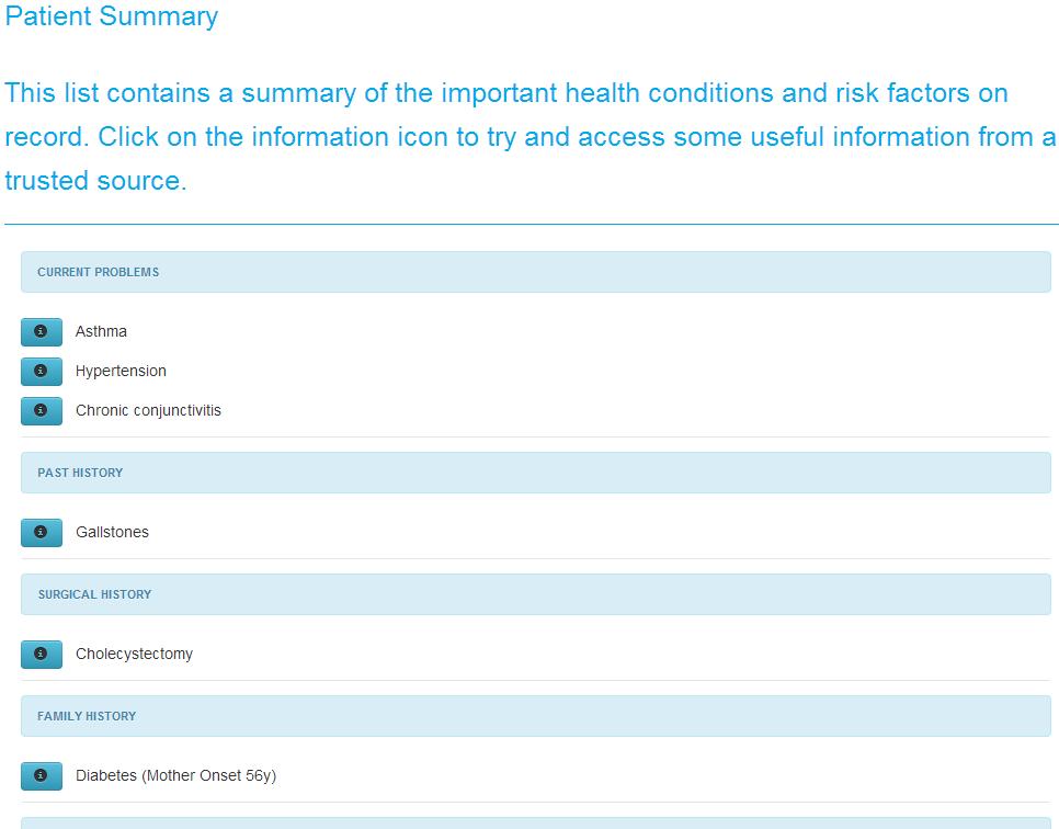Health Summary On this page you will see a list summarizing your important or ongoing health conditions, family history and other risk factors.