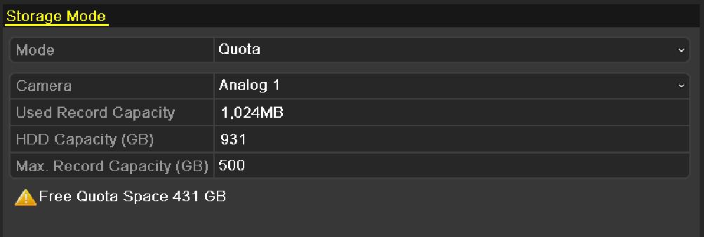 10.4 Configuring Quota Mode Purpose Each camera can be configured with allocated quota for the storage of recorded files. Steps 1. Enter the Storage Mode interface. Menu > HDD > Advanced 2.