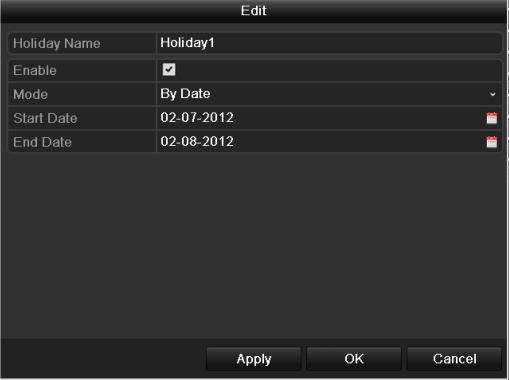 Choose Holiday on the left bar. Figure 5.27 Holiday Settings 3. Enable Edit Holiday schedule. 1) Click to enter the Edit interface. Figure 5.28 Edit Holiday Settings 2) Check the checkbox after Enable.
