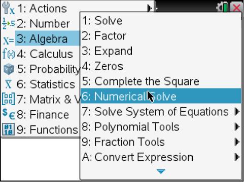 Solving Exponential Equations Example: = 1. On, add calculators page 2. Menu, Algebra, Numerical Solve 3.