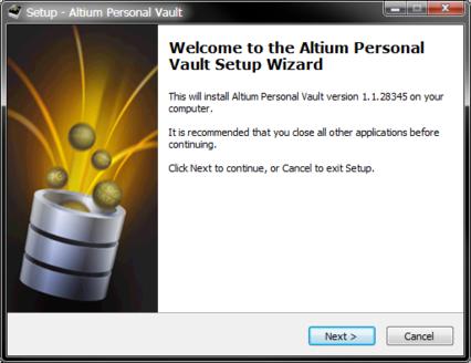 Initial welcome page for the Altium Personal Vault installation wizard.