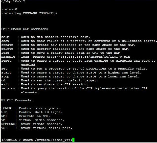 Figure 10. Entering VSP from the CLP NOTE You can use CLI commands to start the VSP, but CLP commands are preferred.