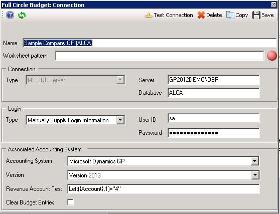 Connection The connection screen identifies all the parameters needed to connect to your accounting system. It also is used to identify the type and version you are using.