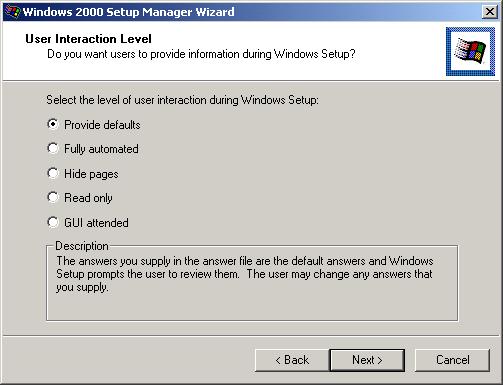 Using Setup Manager to Create Answer Files 51 FIGURE 2.8 The User Interaction Level dialog box 6.