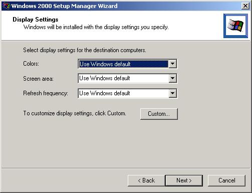 52 Chapter 2 Automating the Windows 2000 Installation 7. The Display Settings dialog box appears, as shown in Figure 2.10. From this dialog box, you can configure the following settings: FIGURE 2.