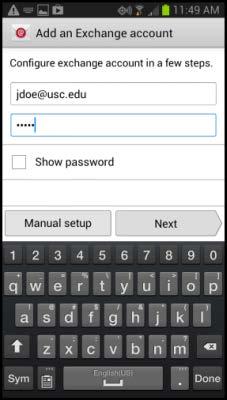 6. On the Add an Exchange account screen, enter your USC e-mail address and password.