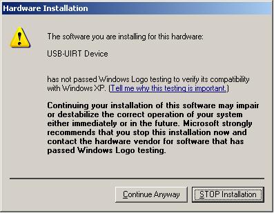 NOTE: If you are installing on Windows XP the following warning may appear when you start to install the driver: