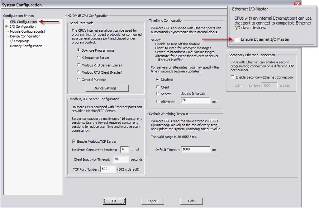 Finally, left-click the Enable Ethernet I/O Master checkbox in the Ethernet I/O Master section of the H-ME PU onfiguration window as seen below.