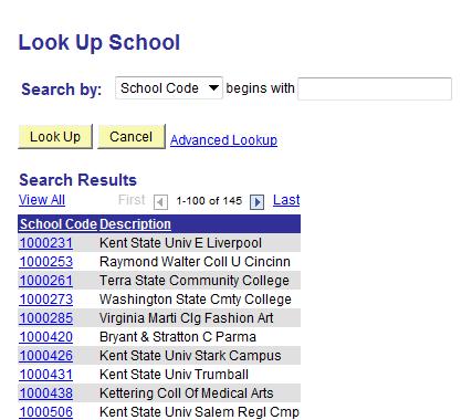 36. This is the Look Up School screen. Schools are listed in order of School Code, not alphabetically. To search for a school by its name, click the Search by dropdown list. 37.