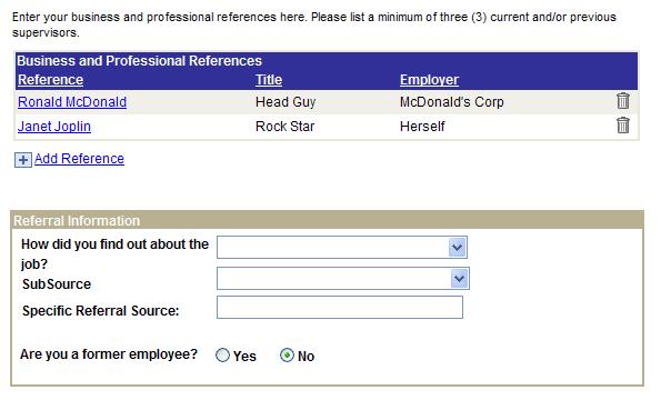 55. On the application screen, you can edit a reference record by clicking on the individual's name in the Business and Professional References group box.