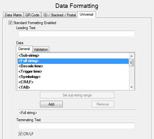 4- Go to the data formatting options and enable the standard formatting. Add the full string to the output data and cross the CR/LF checkbox.