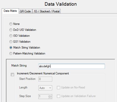 5- Last setting is to enable the validation match-string for the Data Matrix symbology.