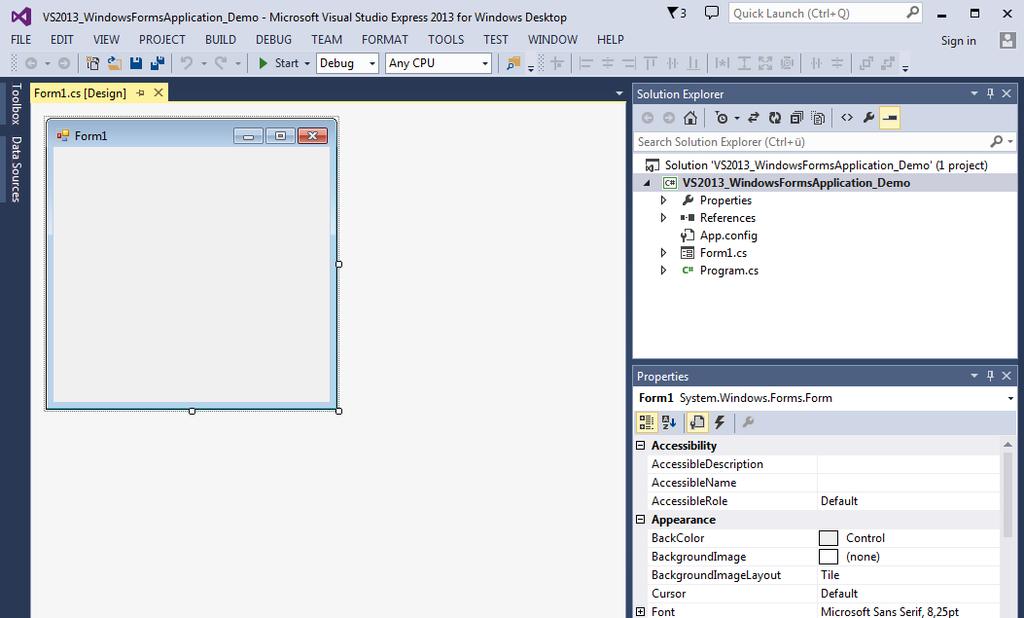Visual Studio will create a new Visual Studio solution with a default form.