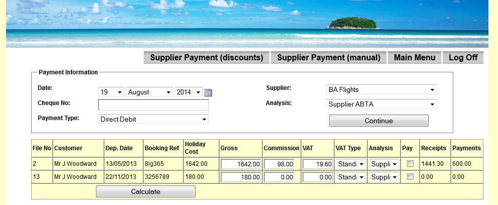 Select Date, Payment Type, Supplier & Analysis then click Continue.