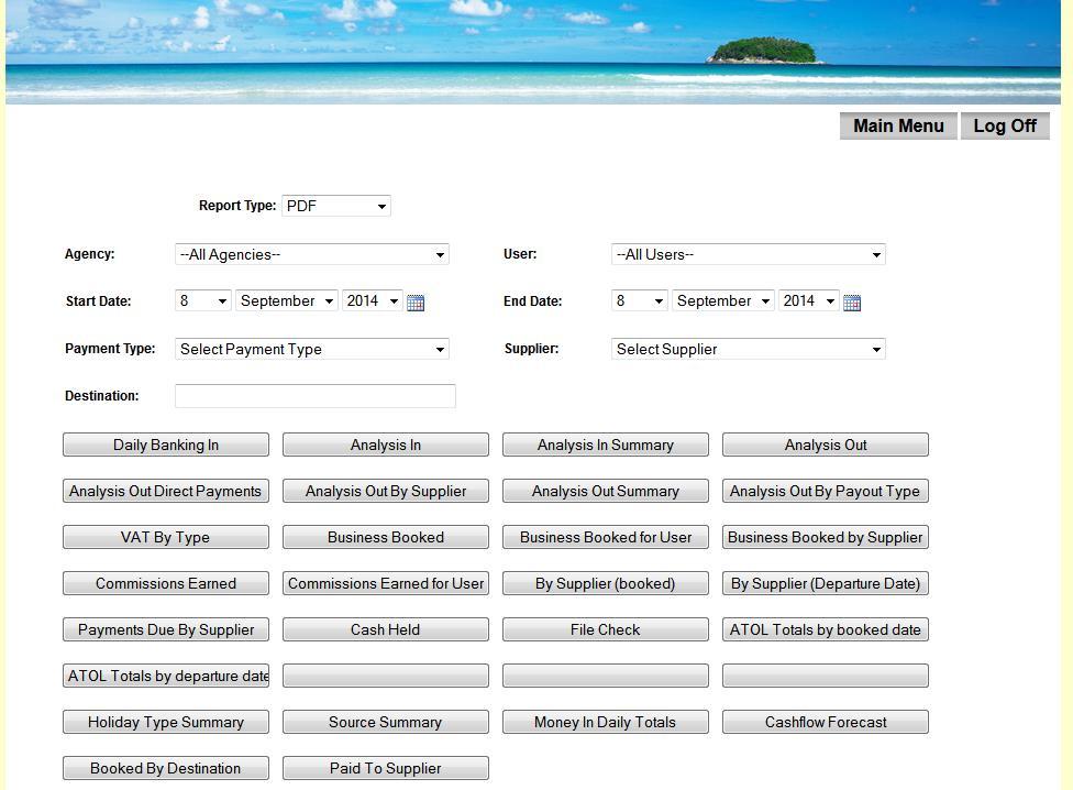 Allows you to access reports for the whole group or a particular branch. Select report type.