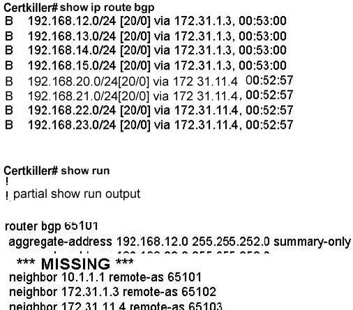 Based on the output of the show ip route bgp command and the BGP configuration shown in the exhibit, which BGP prefixes will be advertised by Certkiller?