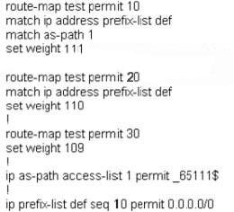 What does the route map in the exhibit accomplish? Select three. A. The weight of a default route that originates in AS65111 will be set to 111. B.