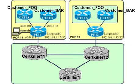 Exhibit, Network Topology Certkiller.com is providing MPLS VPN service to Customer. _FOO and Customer_BAR. Customer_FOO sites CE11A and CE12A belong in a simple VPN.