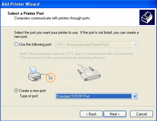 6. When the Add Standard TCP/IP Printer Port Wizard window appears click on the button. 7. The following form requests an IP address to associate with the new port.