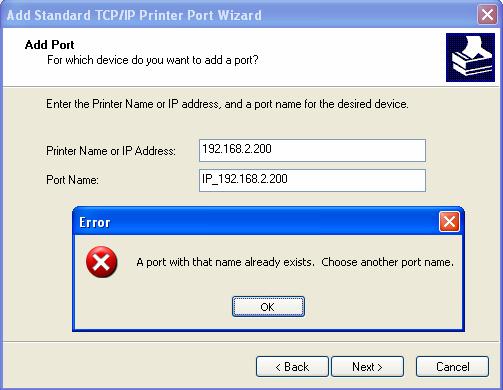 8. If you receive the following Error message then a TCP/IP port by that name already exists. Click on the button and edit the Port Name: field.