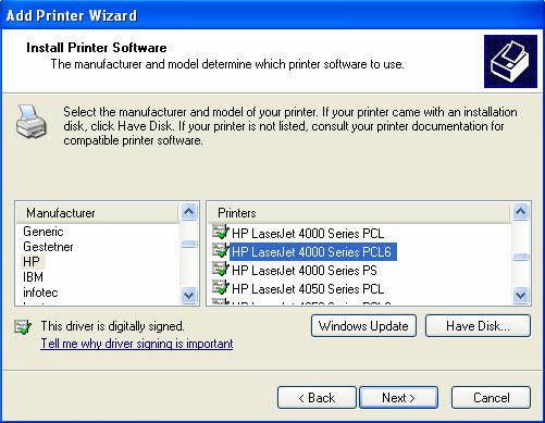selection and click on the button. Note: any of the drivers shown will work, PCL6 being the newer HP printer language, PS or PostScript is an older implementation.