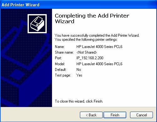 16. The next window completes the Add Printer Wizard process and provides the installation details, click on the button to complete the installation. 17.