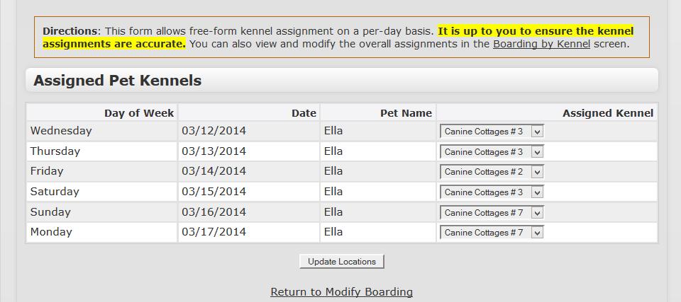 The Boarding Schedule Detail page can be found by going to Daycare & Boarding -> Modify Boarding, and searching for the pet name or owner last name.