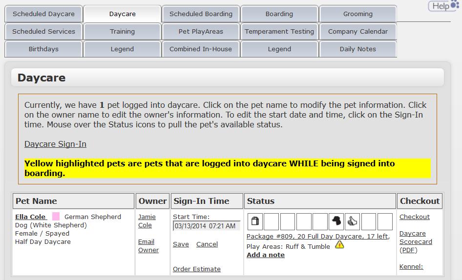How can I adjust the Sign-in or Sign-out time for a daycare or boarding pet? The Boarding and Daycare tabs allow you to adjust the sign-in and sign-out times of a pet that is checked in.