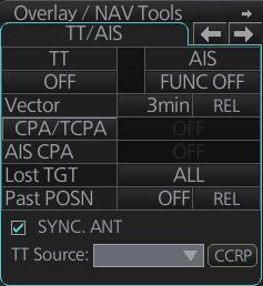 set up TT and AIS on the TT/AIS page in Overlay/NAV Tools box Shows, hides TT display. Shows, hides AIS display. Sets TT/AIS vector time. Selects TT/AIS vector reference. Vector (ex.