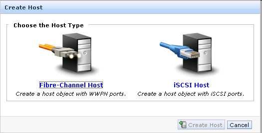 Figure 13. Selecting Host Type In Host Name item, input racnode1 for the first Oracle RAC node name, and select the WWPNs of the Host HBA ports from Fibre-Channel Ports list.