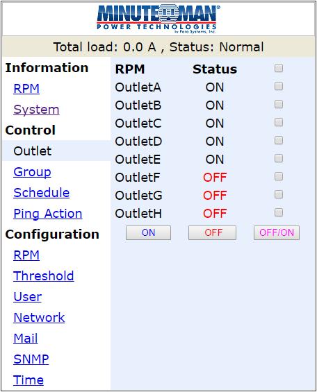 Control: Outlet Indicates the RPM s outlet on/off status and control. Select the outlet by checking the box and then click the ON or the OFF button to control the outlet.