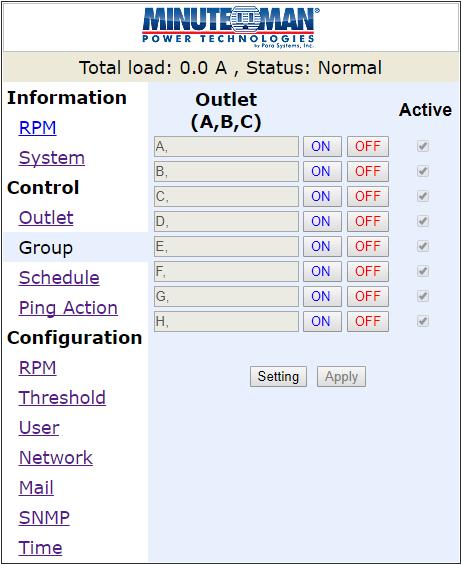 Control: Group This allows you to group multiple outlets for group control. Setting: Allows you to enter into the setting mode. Outlet: Allows you to assign the outlet to a group.
