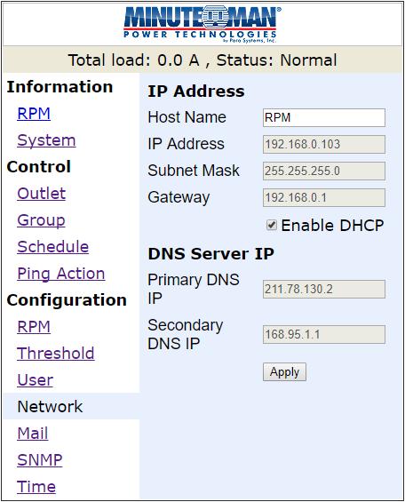 Configuration: Network Enter the network information or enable