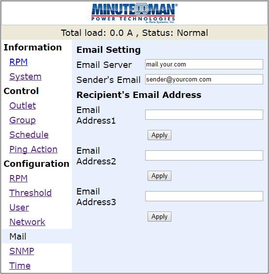 Configuration: Mail When an event occurs, the RPM can send out email messages to predefined accounts. Email Server: Input the email server s domain name (does not support IP addresses).