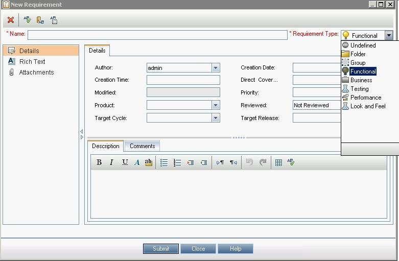 After creating a new requirement type, the user can choose the created requirement type("look and feel" in this case) while creating new requirements.