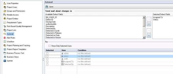 HP QC Automail ALM enables the users to automatically notify them via email each time a specific defect fields changes.