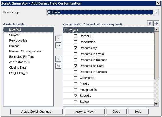 Script Generator Add Defect Field Customization This module helps project admins to configure the fields that should be displayed in "new defect" dialog for each one of the user profiles.