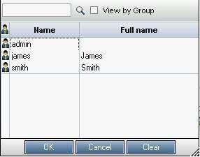 HP QC Users Users dialog box enables ALM users to choose a user name from the user list.