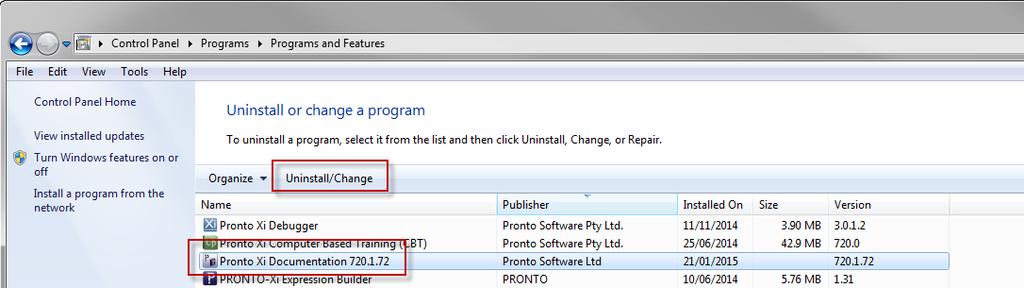 7 Uninstall Pronto Xi Help Steps If you want to uninstall the Help and any additional Pronto Xi documentation from a local machine, you can do so using the Windows Control Panel. 1.