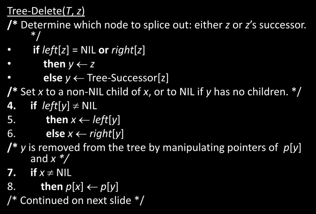 Deletion Pseudocode Tree-Delete(T, z) /* Determine which node to splice out: either z or z s successor.