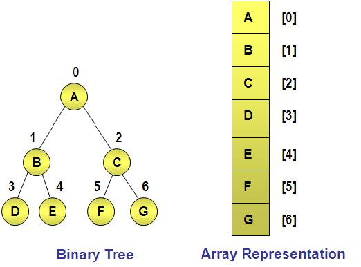 Binary tree can be represented by Array and linked list. Array representation of a binary tree: All the nodes are represented as the elements of an array.