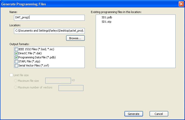 Figure 147 Generate Programing Files Dialog Box - DirectC File (*.dat) 4. Set your output file Name and Location. 5. Set your Output Formats to DirectC file (*.