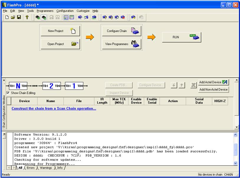 Figure 10 FlashPro for Chain Programming Creating a New Project With the FlashPro software, you have the option of choosing either the Single STAPL file or Chain programming mode.