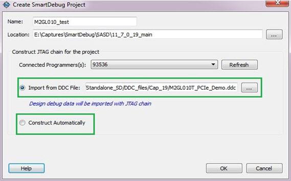 Figure 158 Create SmartDebug Project Dialog Box Import from DDC File (created from Libero) When you select the Import from DDC File option in the Create SmartDebug Project dialog box, the Design