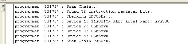 Figure 30 Log Window Scan Chain Order 7. From the Chain Configuration window, click either ; or buttons to add devices to the chain.