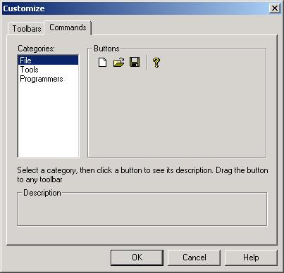 Figure 199 Customize Dialog Box 3. Select a category by clicking one of three options (File, Tools, or Programmers).