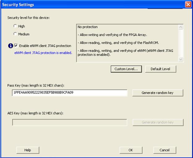 Custom Level Security Settings Figure 56 Setting Security If you select Custom Level security and decide to protect writing of the entire envm block, then the envm client JTAG protection Write, if